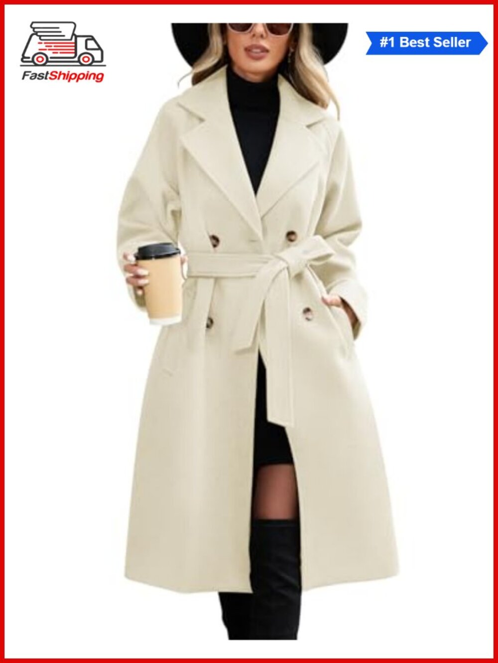 ✨ Wiepux Women's Notch Lapel Double Breasted Long Pea Coat with Belt